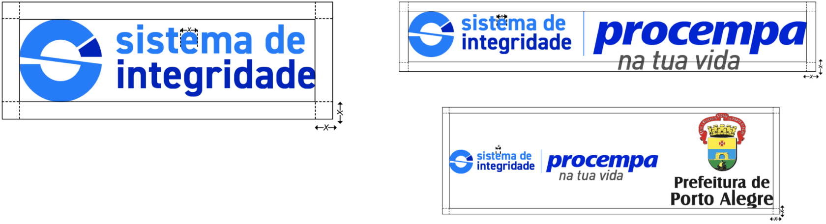 Três variações horizontais da marca "Sistema de Integridade" com marcações técnicas de área de proteção (malha X). A primeira exibe apenas o logotipo do programa; a segunda mostra a aplicação conjunta com a marca "Procempa na tua vida"; e a terceira apresenta a assinatura completa, incluindo o brasão da Prefeitura de Porto Alegre. Todas as versões utilizam tons de azul e cinza sobre fundo branco.