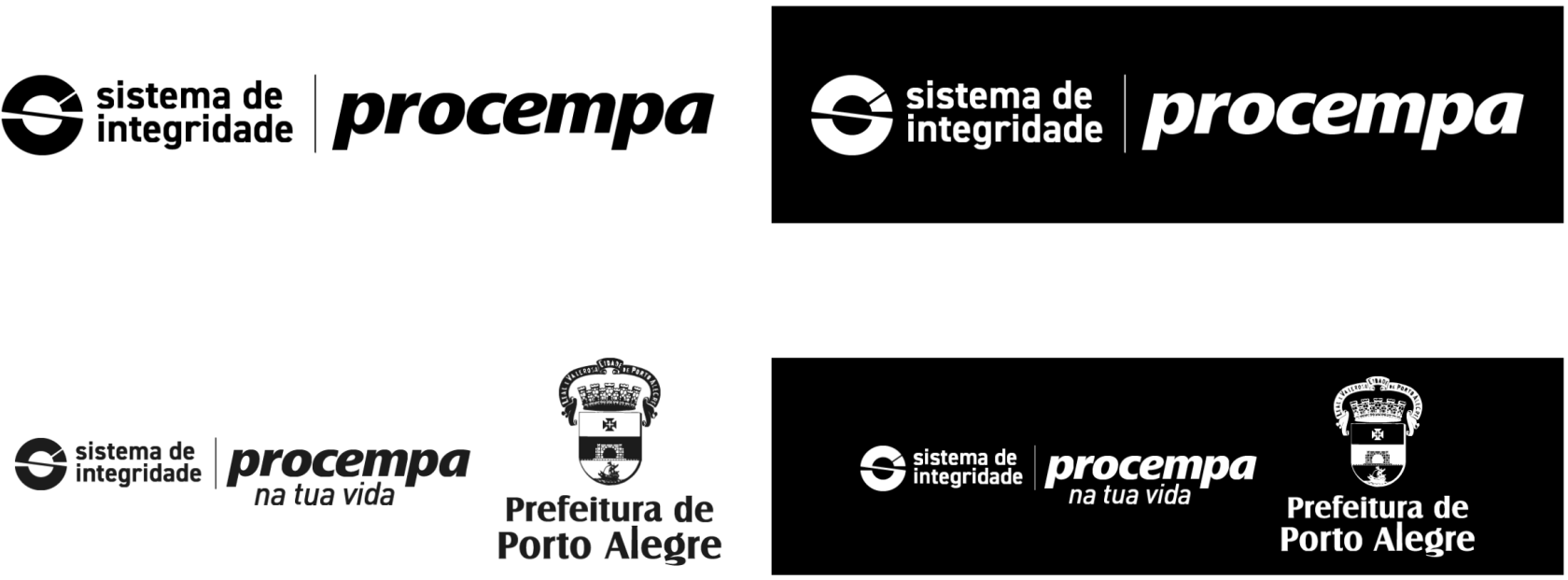 Três conjuntos de assinaturas das marcas 'Sistema de Integridade', 'Procempa' e o Brasão da Prefeitura de Porto Alegre, divididos em dois blocos sobre fundos claro e escuro. À esquerda, as três assinaturas são apresentadas em preto sobre fundo branco, mostrando as marcas isoladas, a marca da Procempa com a frase 'na tua vida', e a marca da Procempa em conjunto com o Brasão da Prefeitura. À direita, as mesmas três combinações são apresentadas em branco (negativo) sobre um fundo preto sólido.