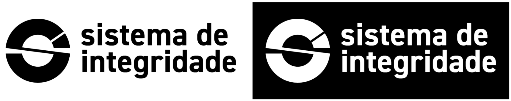 Duas versões do logotipo 'Sistema de Integridade'. À esquerda, o logotipo preto aplicado sobre fundo branco. À direita, o logotipo branco em negativo, aplicado sobre fundo preto.