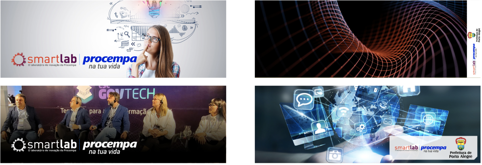 Painel com quatro imagens fotográficas demonstrando as diretrizes de aplicação das assinaturas conjuntas do Smartlab. 1. Canto superior esquerdo: Imagem com fundo claro e de pouca interferência. A assinatura dupla colorida (Smartlab e Procempa) é aplicada diretamente no canto inferior esquerdo. 2. Canto superior direito: Imagem abstrata com linhas geométricas sobre fundo escuro. No lado direito, a assinatura tripla (com o brasão da Prefeitura) é aplicada verticalmente dentro de um box branco de proteção. 3. Canto inferior esquerdo: Fotografia de um painel em evento com iluminação predominantemente escura. A assinatura dupla em negativo (branca) está aplicada no canto inferior esquerdo, obtendo contraste direto com o fundo fotográfico. 4. Canto inferior direito: Imagem complexa contendo excesso de informações visuais, ícones e brilhos. No canto inferior direito, a assinatura tripla colorida é aplicada dentro de um box retangular branco horizontal para garantir a legibilidade.