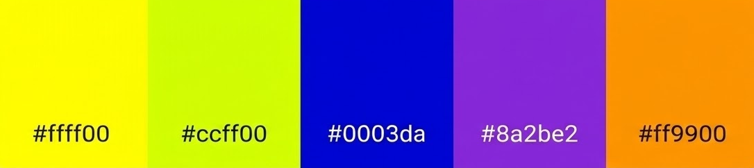 Exemplificação de 'Cores tétrades' através de uma paleta com cinco faixas verticais de cores: amarelo (#ffff00), verde-limão (#ccff00), azul (#0003da), violeta (#8a2be2) e laranja (#ff9900). O texto na imagem define o termo como uma combinação de quatro cores que formam um retângulo ou quadrado no círculo cromático.