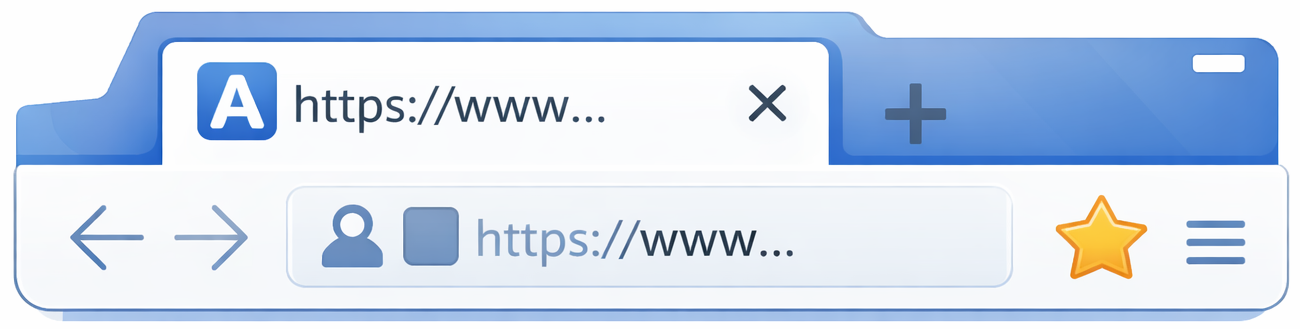 Exemplificação de um favicon em uma interface de navegador. A imagem mostra uma aba azul com um pequeno ícone quadrado contendo a letra 'A' branca posicionado à esquerda do endereço URL. Abaixo, visualiza-se a barra de navegação com setas, campo de endereço e ícones de favoritos e menu.