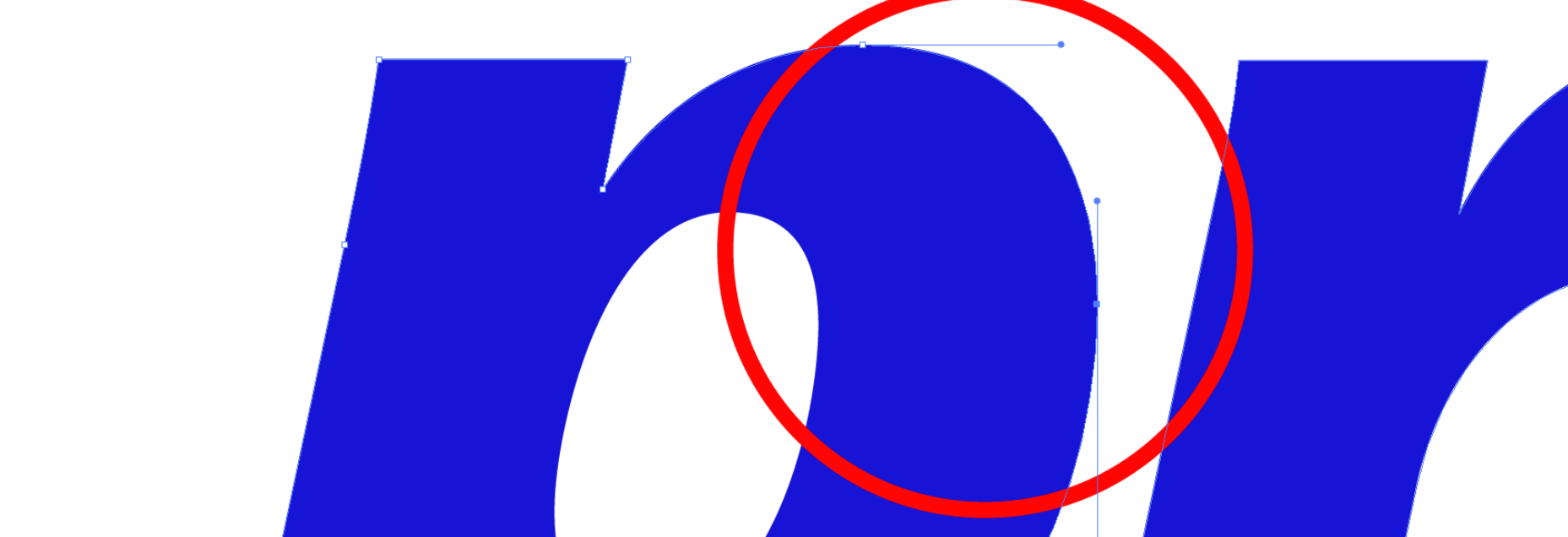 Exemplificação de um arquivo vetorial através de um zoom extremo em letras azuis. A imagem destaca os pontos de ancoragem e as alças de Bezier que definem as curvas matemáticas do desenho, com um círculo vermelho enfatizando a precisão das linhas e a ausência de pixels mesmo em alta ampliação.