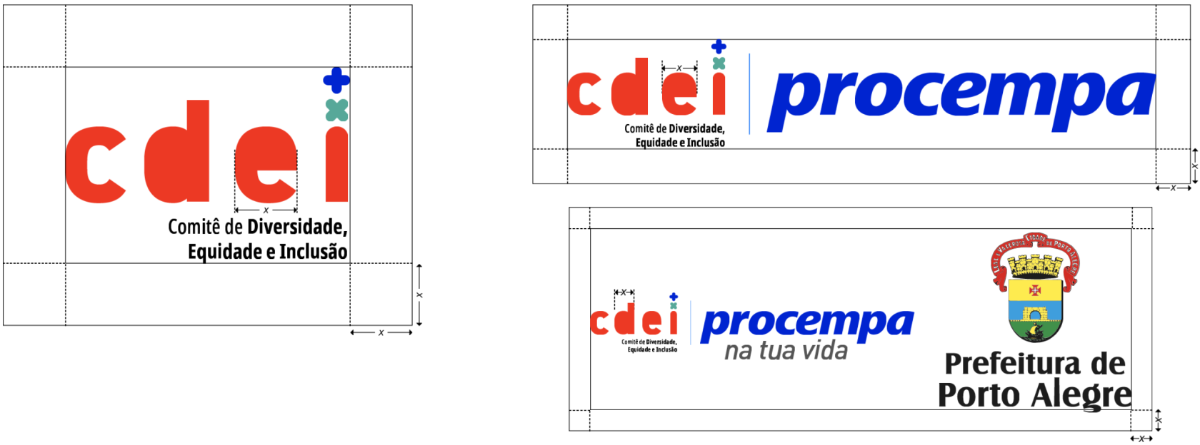 Três diagramas técnicos demonstrando a construção da área de proteção para a marca do CDEI e suas assinaturas conjuntas. A largura da letra 'e' minúscula da sigla é utilizada como unidade de medida fundamental, indicada pela variável 'x'. Linhas tracejadas ao redor das marcas delimitam uma margem de segurança obrigatória equivalente a 'x' para as laterais, topo e base. A regra é aplicada na marca isolada, na assinatura dupla (com Procempa) e na assinatura tripla (com Procempa e Prefeitura de Porto Alegre).