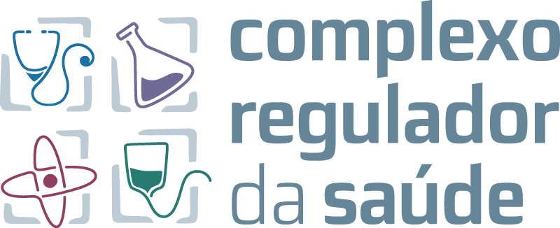 Assinatura 'complexo regulador da saúde'. À esquerda, quatro ícones coloridos dispostos em um quadrado: um estetoscópio azul, um frasco de laboratório roxo, um átomo magenta e uma bolsa de soro verde-água. À direita, o nome 'complexo regulador da saúde' escrito em três linhas em fonte cinza-azulada.
