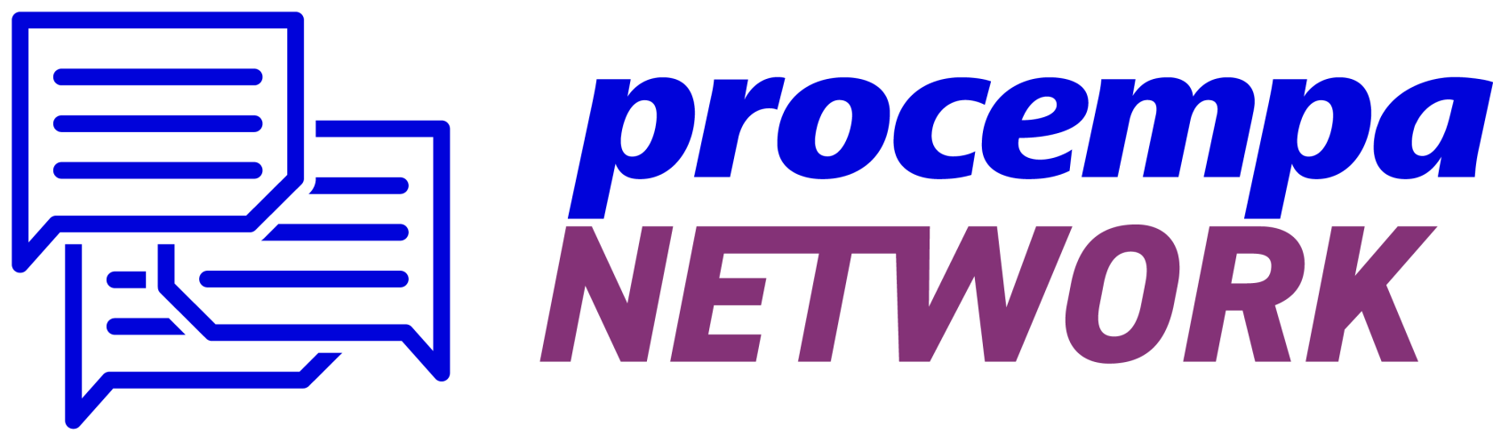Logotipo 'procempa NETWORK'. À esquerda, um ícone azul marinho de dois balões de fala sobrepostos. À direita, o nome 'procempa' em azul e a palavra 'NETWORK' em letras maiúsculas roxas.