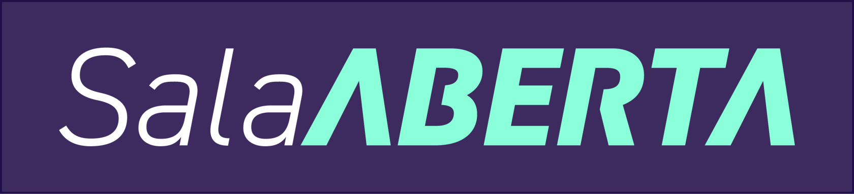 Logotipo 'Sala ABERTA' sobre fundo roxo escuro. A palavra 'Sala' aparece em fonte branca fina. A palavra 'ABERTA' está em letras maiúsculas de cor verde-água, com as letras 'A' representadas por triângulos sem a barra horizontal.