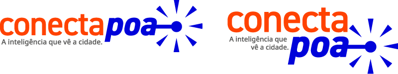 Painel com duas versões da assinatura 'conecta poa'. A palavra 'conecta' aparece em laranja e 'poa' em azul inclinado. Um círculo azul com linhas radiantes (símbolo de sinal) conecta-se à letra 'a'. Abaixo, o slogan 'A inteligência que vê a cidade.' em cinza. À esquerda, a versão horizontal; à direita, a versão com o nome 'poa' deslocado para a linha de baixo.