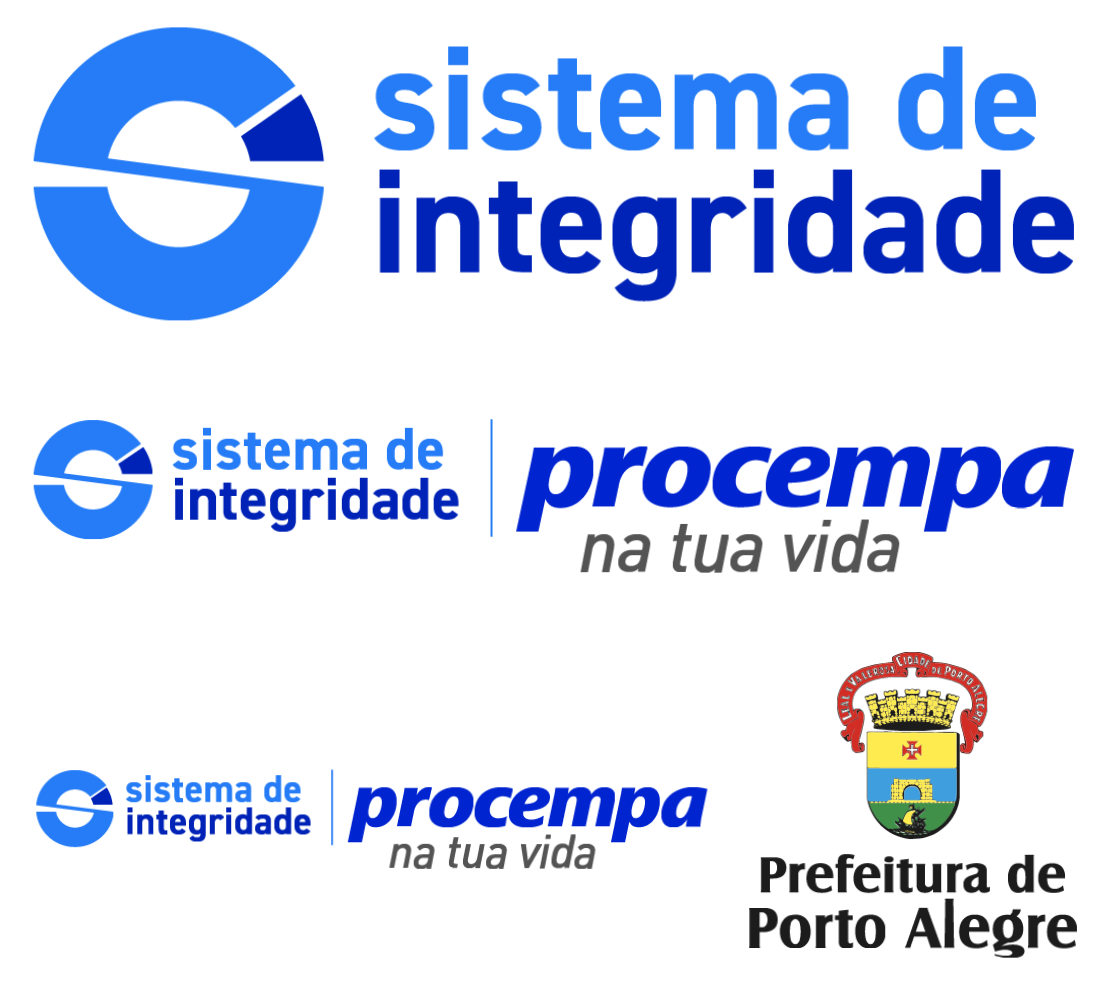 Três versões do conjunto de assinaturas que combinam as marcas 'Sistema de Integridade', 'Procempa' (com a frase 'na tua vida') e o Brasão da Prefeitura de Porto Alegre. A primeira, no topo, possui todos os elementos em azul; a segunda, no meio, possui os elementos principais em azul com a frase 'na tua vida' em cinza escuro; a terceira, na parte inferior, repete o formato da segunda versão, mas exibe o Brasão da Prefeitura em suas cores originais.