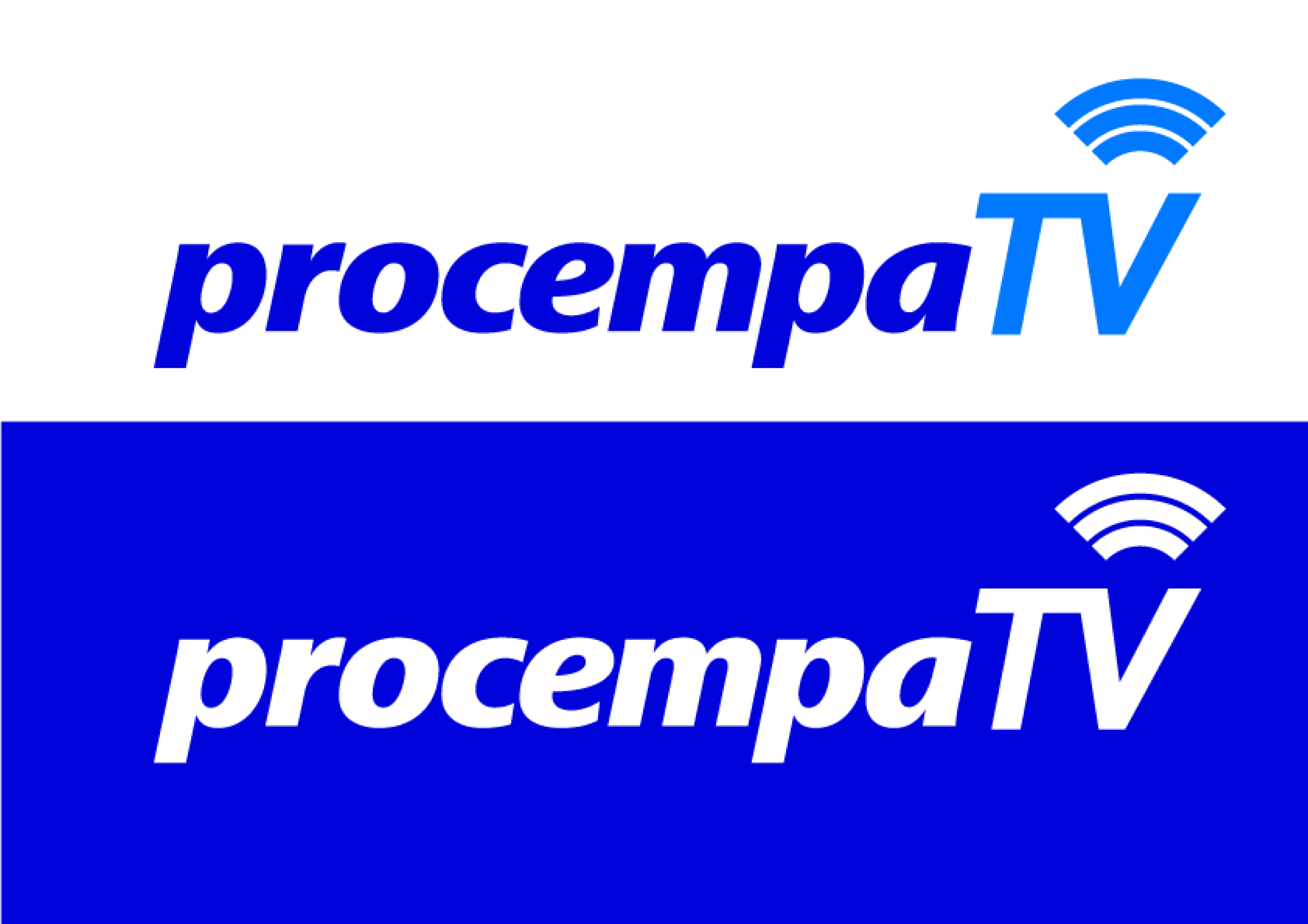 Painel com duas variações do logotipo 'procempaTV'. No topo, a versão colorida sobre fundo branco com 'procempa' em azul escuro e 'TV' em azul claro com um ícone de sinal wireless. Na base, a versão em negativo sobre fundo azul.