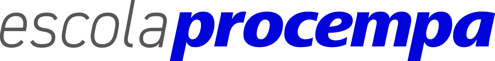 Logotipo composto pela palavra 'escola' em fonte fina, inclinada e na cor cinza, seguida pela palavra 'procempa' em fonte grossa, inclinada e na cor azul.