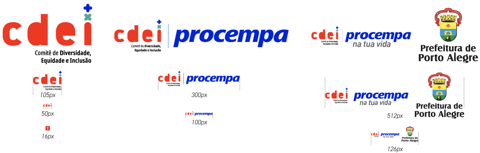 Painel técnico com as dimensões mínimas (redução máxima em pixels) para a aplicação digital da marca do CDEI, divididas em três colunas. 1. Coluna da esquerda (Marca isolada): Exibe o logotipo em tamanhos decrescentes com larguras mínimas de 105px, 50px e um ícone quadrado vermelho (favicon) de 16px. 2. Coluna central (Assinatura dupla CDEI + Procempa): Exibe a assinatura em tamanhos decrescentes com larguras mínimas de 300px e 100px. 3. Coluna da direita (Assinatura tripla CDEI + Procempa + Prefeitura): Exibe a assinatura com o brasão em tamanhos decrescentes com larguras mínimas de 512px e 126px.