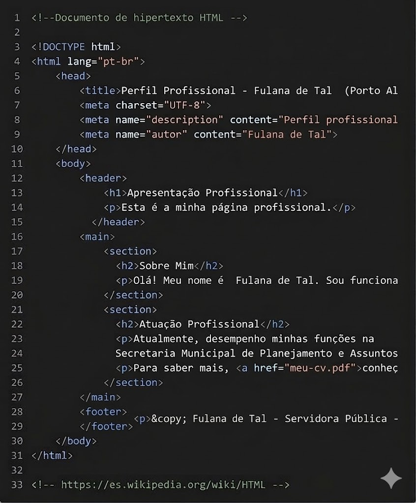 Captura de tela de um editor de código em tema escuro exibindo o código-fonte HTML de uma página de perfil profissional. O documento apresenta a estrutura padrão com as tags 'head', 'body', 'header', 'main' e 'footer', contendo textos em português que descrevem a apresentação e a atuação de uma servidora pública municipal. O código utiliza destaque de sintaxe colorido e possui numeração de linhas na lateral esquerda.