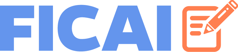 Assinatura 'FICAI'. À esquerda, a sigla 'FICAI' em letras maiúsculas, grossas e na cor azul claro. À direita, um ícone laranja representando uma prancheta com um formulário e um lápis posicionado em diagonal.