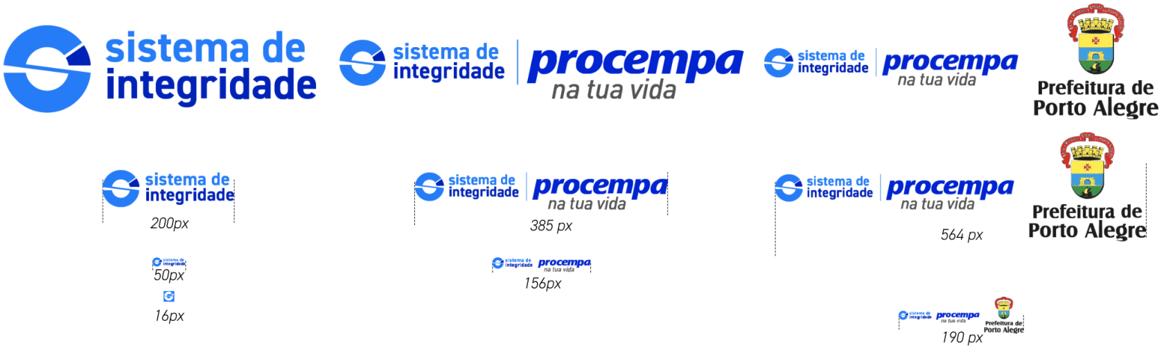 Painel técnico com as dimensões mínimas (redução máxima em pixels) para a aplicação digital da marca do Sistema de Integridade, divididas em três colunas. 1. Coluna da esquerda (Marca isolada): Exibe a marca com larguras mínimas de 200px, 50px e um pequeno ícone (favicon) de 16px contendo apenas o símbolo circular azul seccionado em formato de 'S'. 2. Coluna central (Assinatura dupla Sistema de Integridade + Procempa): Exibe a assinatura conjunta em tamanhos decrescentes com larguras mínimas de 385px e 156px. 3. Coluna da direita (Assinatura tripla Sistema de Integridade + Procempa + Prefeitura): Exibe a assinatura completa com o brasão em tamanhos decrescentes com larguras mínimas de 564px e 190px.