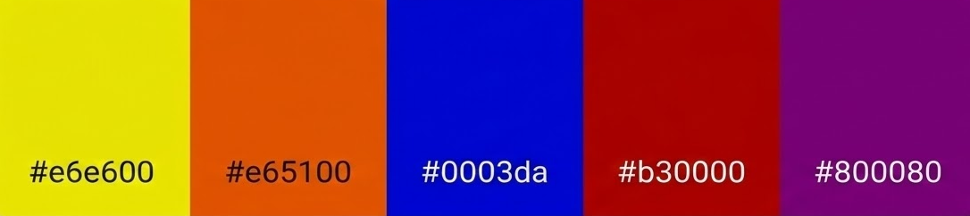 Exemplificação de 'Cores tríades' através de uma paleta com cinco faixas verticais de cores: amarelo (#e6e600), laranja (#e65100), azul (#0003da), vermelho (#b30000) e roxo (#800080). O texto na imagem define o termo como uma combinação de três cores equidistantes que formam um triângulo no círculo cromático.