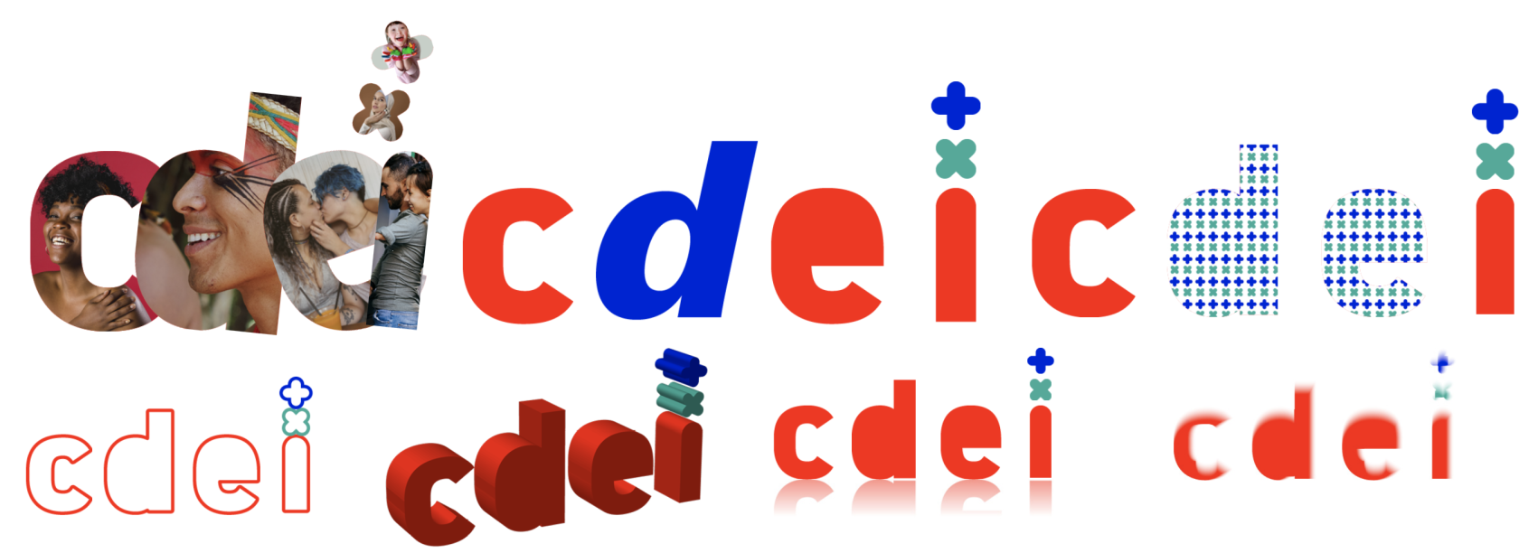 Painel ilustrando sete exemplos de aplicações artísticas e criativas da marca do CDEI para uso publicitário. Na fileira superior, da esquerda para a direita: 1. A marca preenchida internamente com fotografias de diversas pessoas (máscara de imagem). 2. A marca com a letra 'd' colorida em azul, destacando-se do restante em vermelho. 3. A marca preenchida com um padrão visual (pattern) formado pelos pequenos símbolos de adição e multiplicação. Na fileira inferior, da esquerda para a direita: 4. A marca aplicada apenas em linhas de contorno vermelhas (vazada). 5. A marca estilizada com volumetria e formato tridimensional (3D). 6. A marca com um efeito de reflexo espelhado na sua base. 7. A marca com um efeito visual de desfoque e movimento (blur).