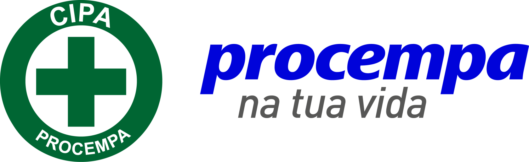 Assinatura visual composta pelo símbolo da CIPA (círculo verde com uma cruz branca centralizada e os textos 'CIPA' e 'PROCEMPA' acompanhando a curvatura) à esquerda da marca Procempa em azul com o slogan 'na tua vida' em cinza.