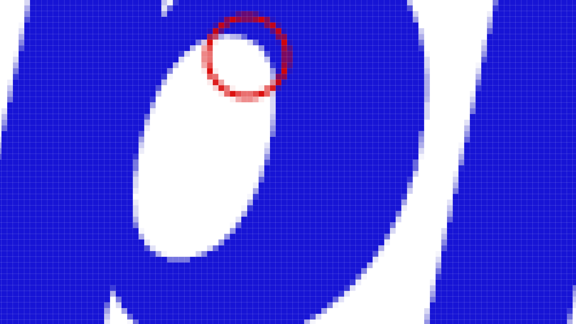 Exemplificação de um arquivo bitmap através de um zoom extremo em uma grade de pixels. A imagem mostra bordas serrilhadas em uma forma branca sobre fundo azul, com um círculo vermelho enfatizando os pixels individuais que compõem a estrutura da imagem.