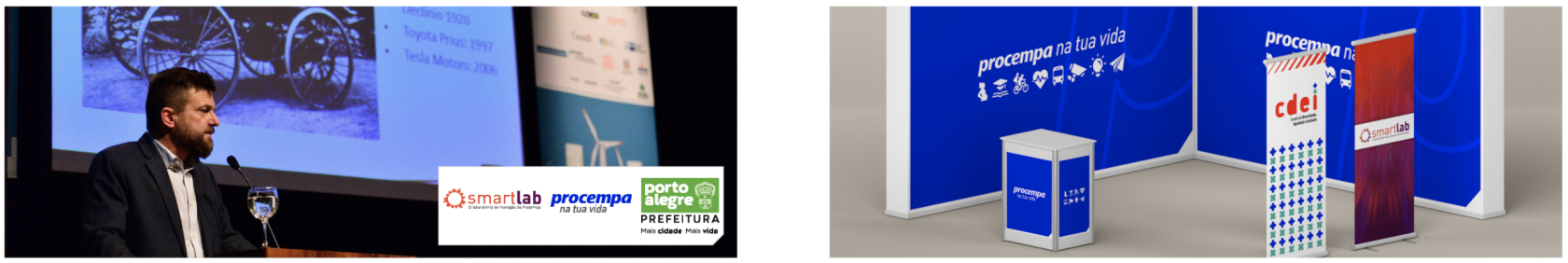 Painel com duas imagens que exemplificam as regras de aplicação da marca Smartlab. À esquerda, a fotografia de um homem palestrando em um evento. No canto inferior direito da foto, há uma caixa branca com a assinatura conjunta do Smartlab, da Procempa e o logotipo da Prefeitura de Porto Alegre, demonstrando a exigência do endosso em materiais gerais. À direita, uma maquete de um estande corporativo com paredes azuis contendo a identidade da Procempa. Dentro do estande, há um banner vertical vermelho e roxo exibindo a marca isolada do Smartlab, ilustrando a exceção onde o endosso visual é dispensado por o laboratório já estar inserido em um espaço físico exclusivo da empresa.