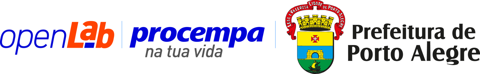 Assinatura tripla horizontal. À esquerda, a marca 'openLab' com 'open' em azul e 'Lab' em laranja. No centro, após uma linha divisória, a marca Procempa. À direita, após outra linha, o brasão colorido da Prefeitura de Porto Alegre com o texto identificador ao lado.