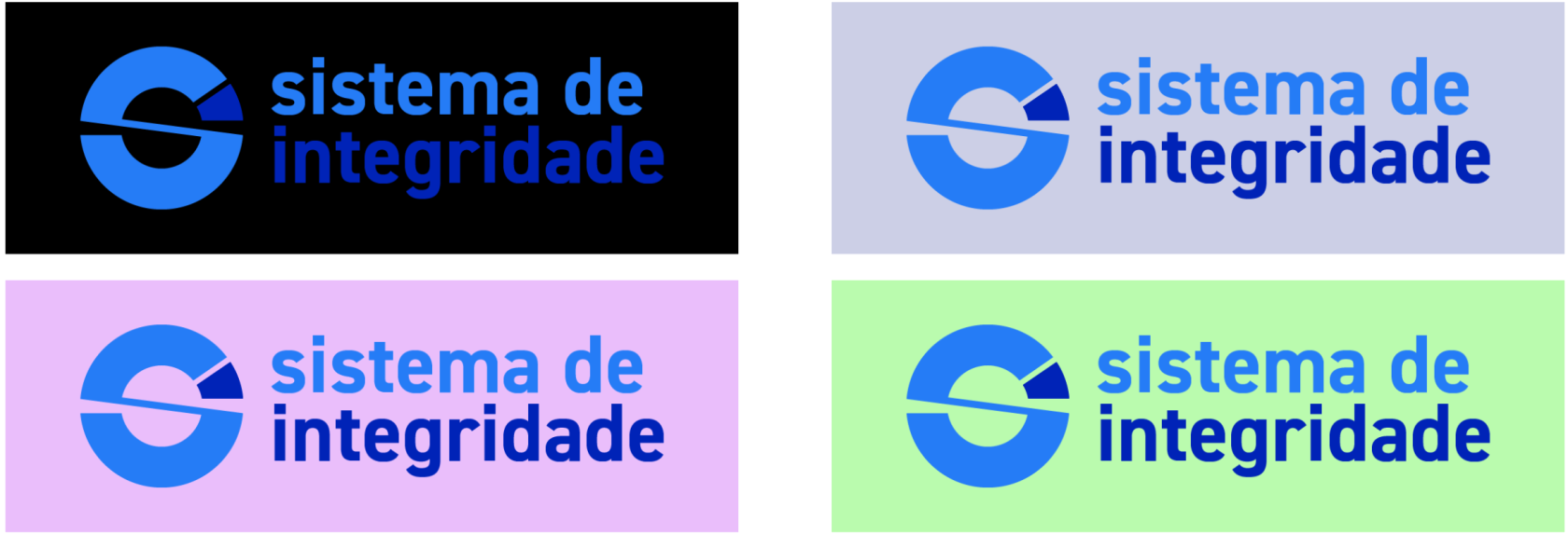 Quatro aplicações do logotipo 'Sistema de Integridade' em suas cores originais azuis sobre diferentes opções de fundos sólidos. Da esquerda para a direita e de cima para baixo: logotipo aplicado sobre fundo preto; logotipo sobre fundo azul acinzentado claro; logotipo sobre fundo lilás claro; e logotipo sobre fundo verde claro.