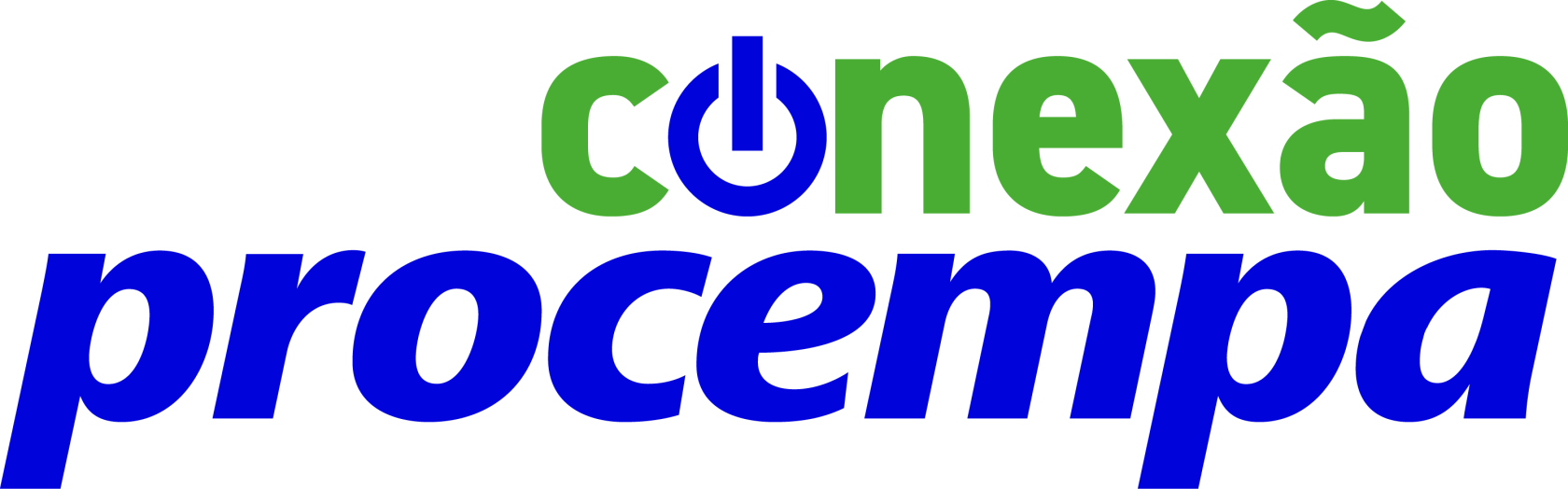 Logotipo 'conexão procempa'. A palavra 'conexão' está em verde, com a letra 'o' substituída por um símbolo azul de botão 'power' (ligar/desligar). Abaixo, a palavra 'procempa' em letras azuis inclinadas e em negrito.