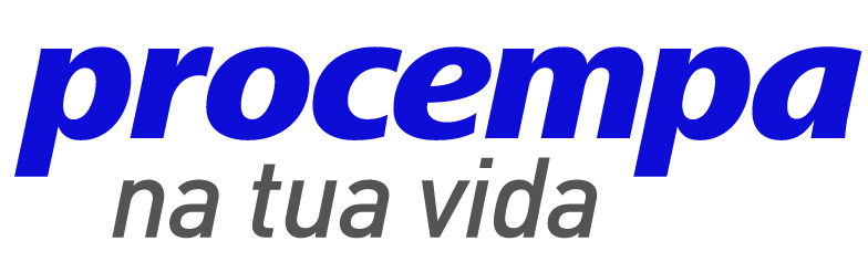 Exemplo visual para o termo "Assinatura visual", apresentando o logotipo da Procempa em azul itálico sobre a tagline "na tua vida" em cinza. A imagem ilustra o conjunto de elementos gráficos (logotipo e tagline) que identificam visualmente a marca.